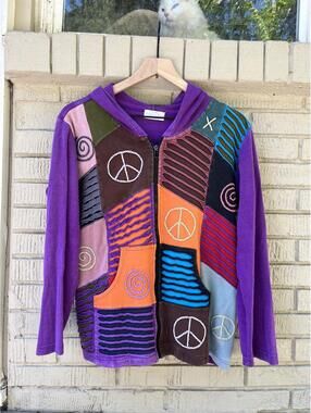 The Collection Royal 100% Cotton Large L Hippie Peace Elf Hood Zip Patchwork